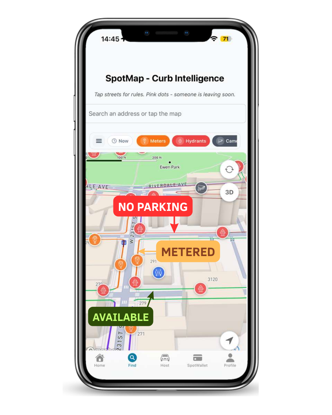 Spotlink 3D NYC parking map showing available, metered and no-parking curb conditions